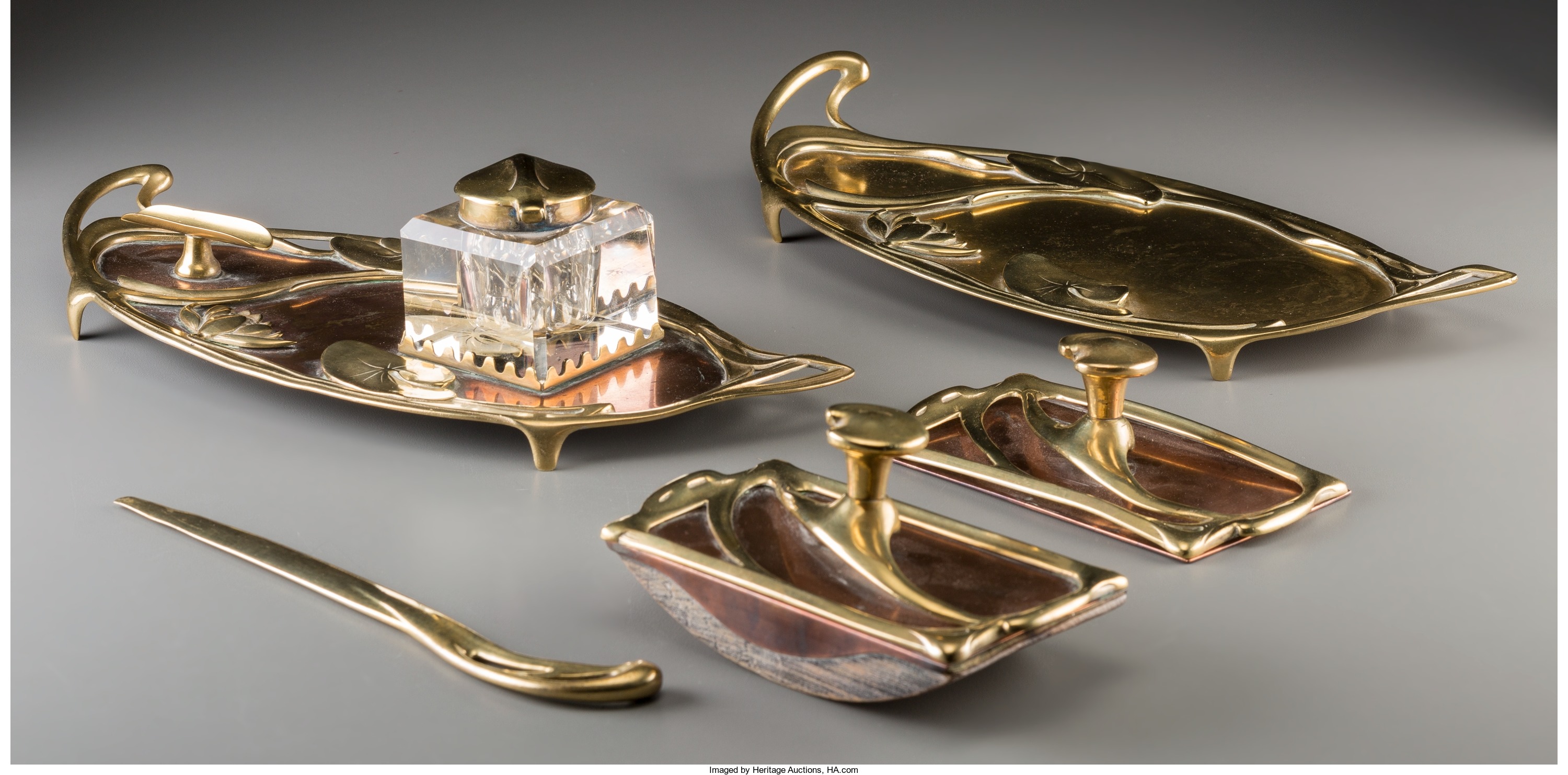 Five Piece Austrian Jugendstil Brass Bronze And Copper Desk Set