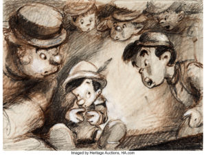 Pinocchio Coachman and Lampwick with Pinocchio Concept Storyboard Drawing (Walt Disney, 1940)