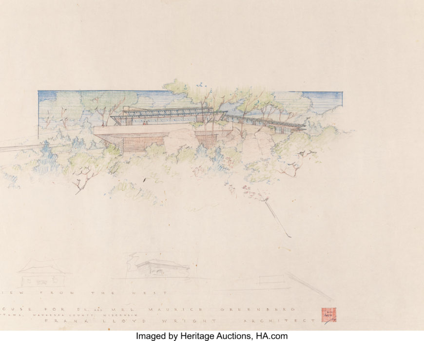 Frank Lloyd Wright Three Drawings and Renderings of the Maurice Greenberg House, Ottawa (Dousman), Wisconsin, circa 1954 | Estimate: $3,000 - $5,000.