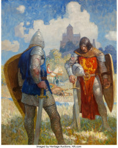 Newell Convers Wyeth (American, 1882-1945) "I am Sir Launcelot du Lake, King Ban's son of Benwick, and knight of the Round Table," The Boy's King Arthur: Sir Thomas Malory's History of King Arthur and His Knights of the Round Table interior book illustration, 1917