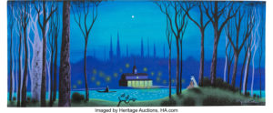 Eyvind Earle Lady and the Tramp Twilight in the Park ConceptColor Key Painting (Walt Disney, 1955)