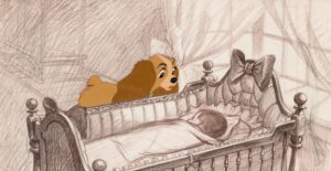 Lady and the Tramp Lady Production Cel with Newborn Baby Background Layout Drawing Master Setup (Walt Disney, 1955)