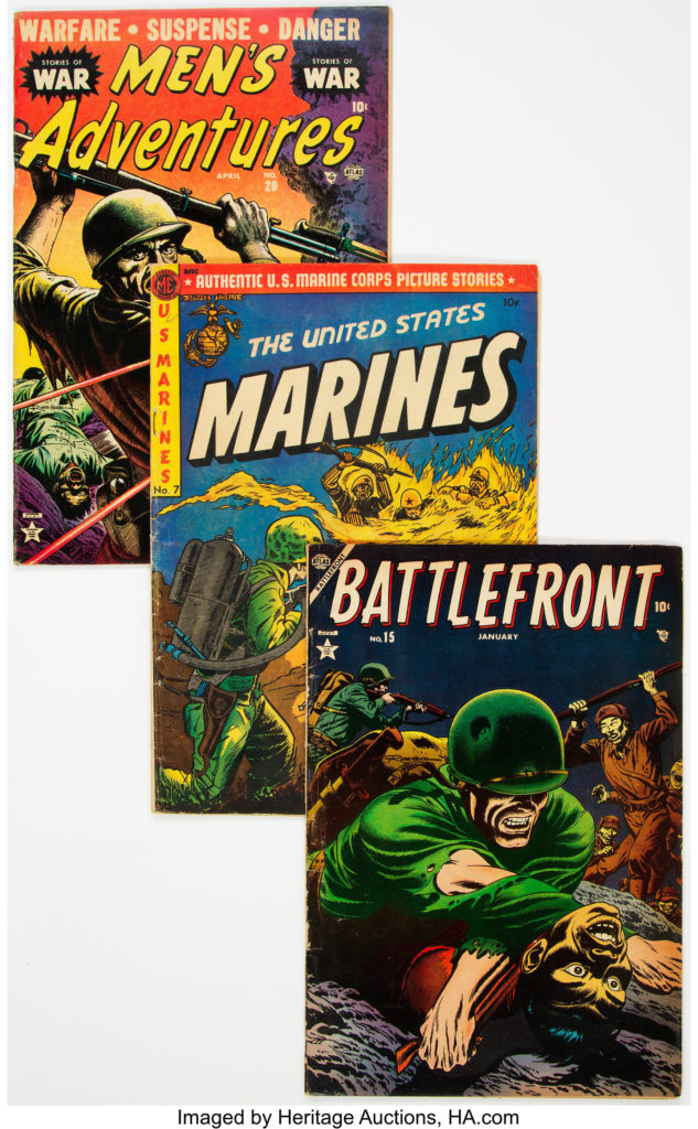 Golden Age War Comics Group of 11 (Various Publishers, 1950s) Condition: Average VG. Includes Men's Adventures #20, War Comics #32, Battle #32, Battlefront #15, Captain Steve Savage #4 and 5, Fighting Man #1, True War Experiences #3, United States Marines #7, Navy Action #17, and Fightin' Army #61.