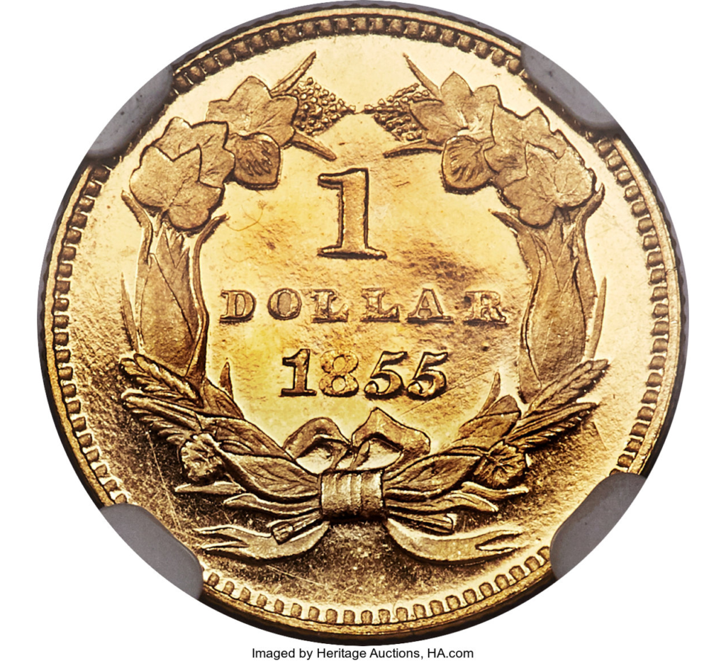 1855 type 2 gold proof dollar reverse