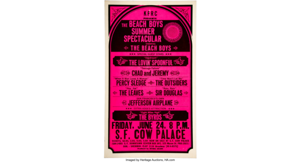 Beach Boys, Jefferson Airplane 1966 Cow Palace, San Francisco Concert Poster for Sale