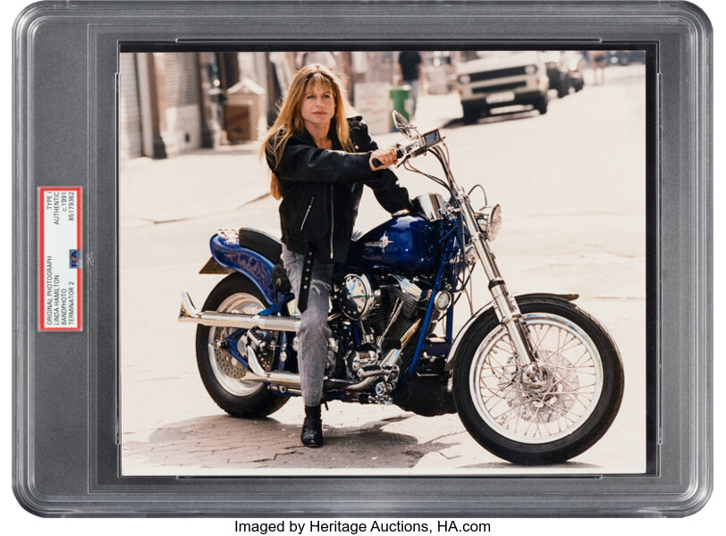 Linda Hamilton photo sitting on a motorcycle from Terminator 2 movie